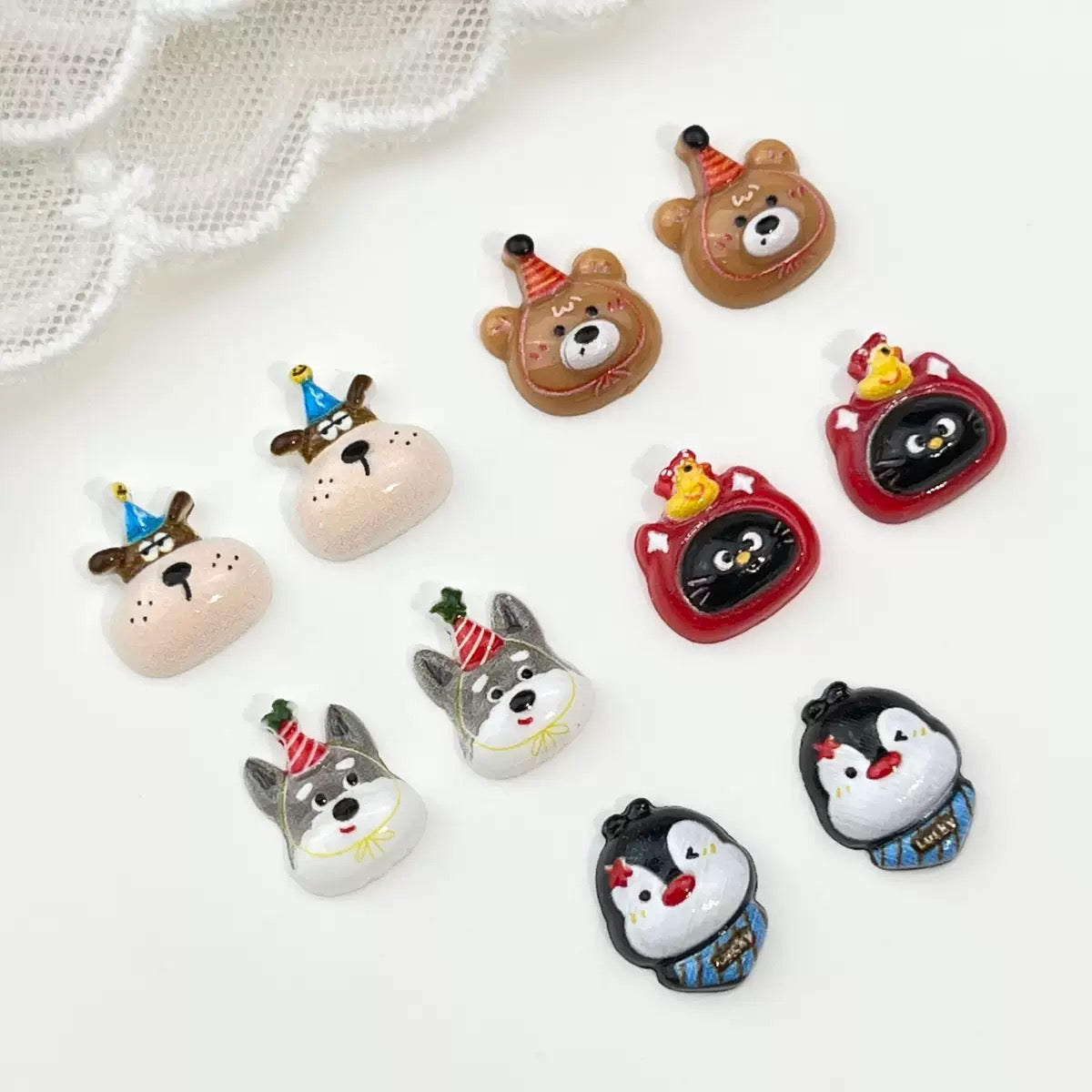 Party Animals 3D Nail Charms – Cute Bear Dog Penguin Resin Flatback Charms with Party Hats for Nail Art & DIY Crafts, Pens, Beads, Phonecases, Earrings Design