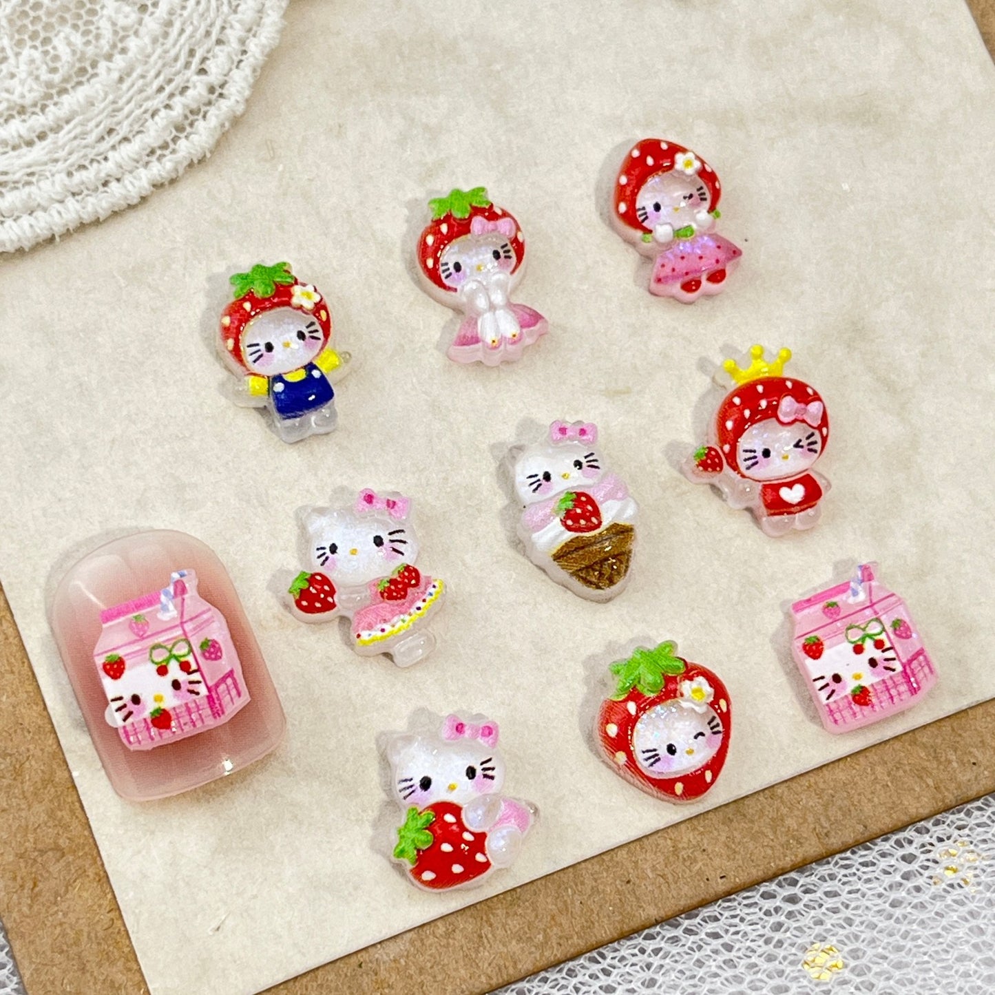 Strawberry Hello Kitty Cartoon Nail Art Decorations Cute 3D Translucent Glitter Skirt KT Cat DIY Press-On Nail Accessories