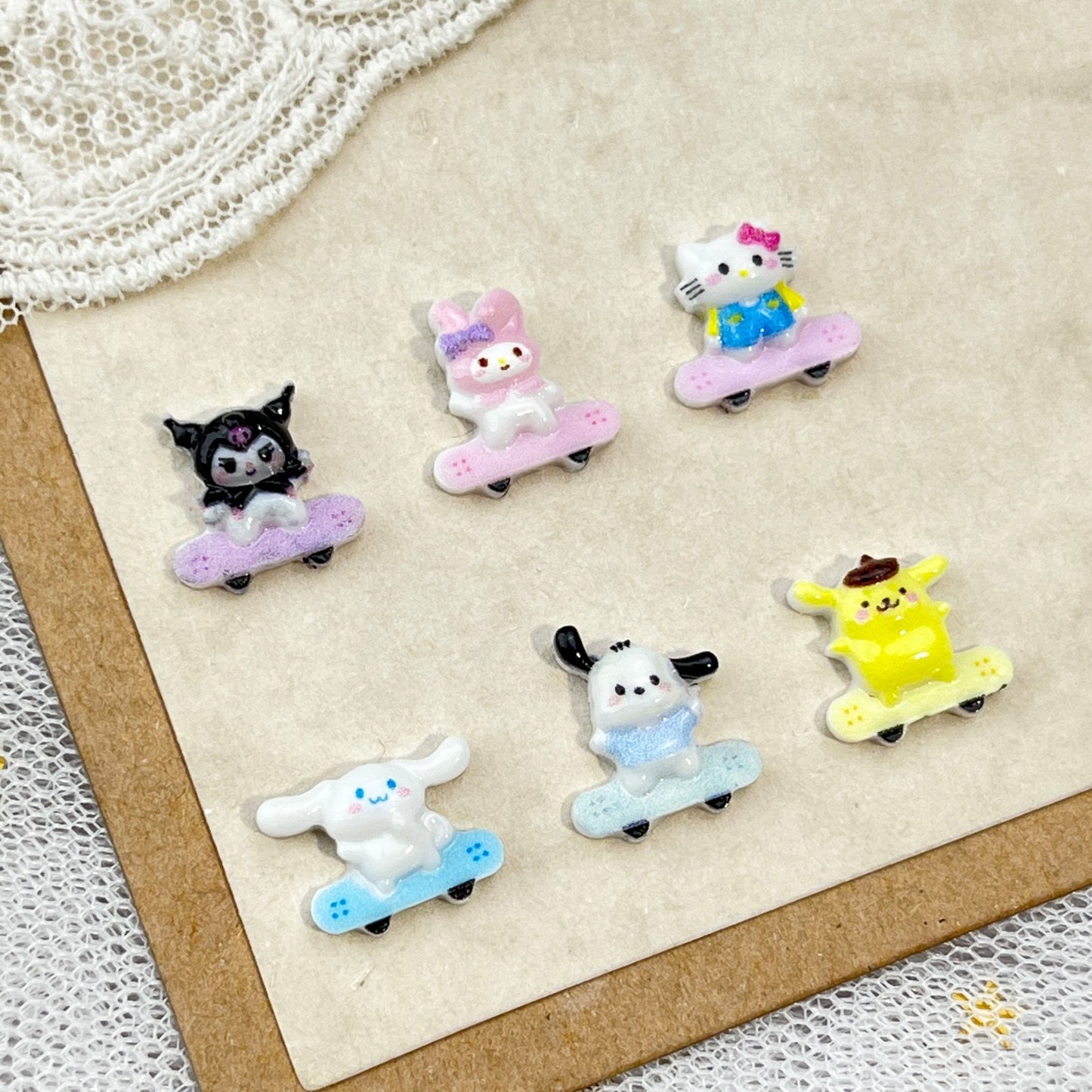 Sanrio Cartoon Nail Art Decorations Cute 3D Kuromi and Hello Kitty Skateboard Resin DIY Press-On Nail Accessories