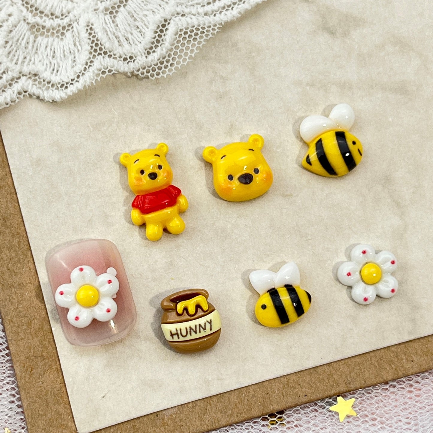 Winnie Bear Cartoon Nail Art Decorations Cute 3D Bee and Flower Resin Rhinestones DIY Press-On Nail Accessories