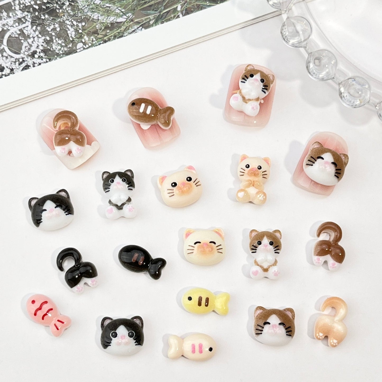 Popular Cat Cartoon Nail Art Decorations Cute 3D Milk Coffee Cat Head and Fish Resin DIY Press-On Nail Accessories