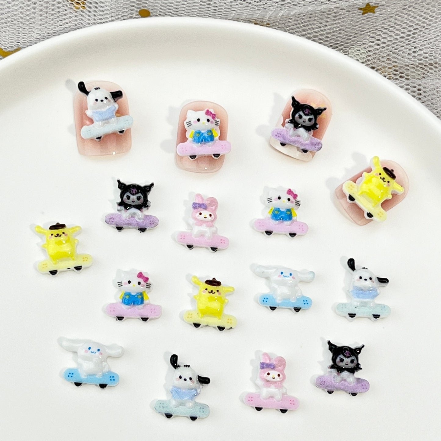 Sanrio Cartoon Nail Art Decorations Cute 3D Kuromi and Hello Kitty Skateboard Resin DIY Press-On Nail Accessories