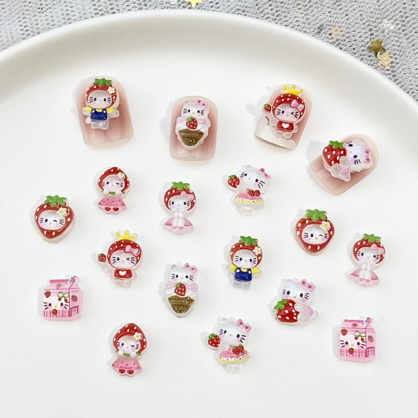Strawberry Hello Kitty Cartoon Nail Art Decorations Cute 3D Translucent Glitter Skirt KT Cat DIY Press-On Nail Accessories