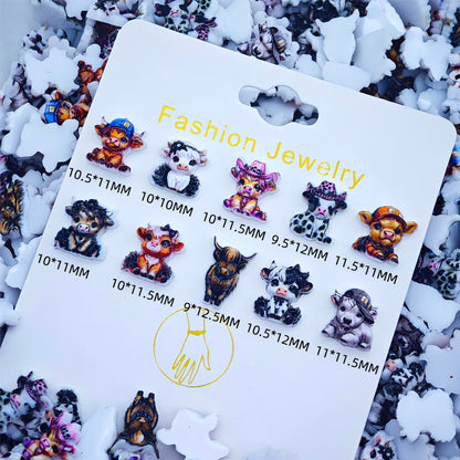Cute Cow Nail Charms – Western Highland Cow Print Horseshoe Sheriff Star Resin Mini DIY Nail Art Accessories 3D