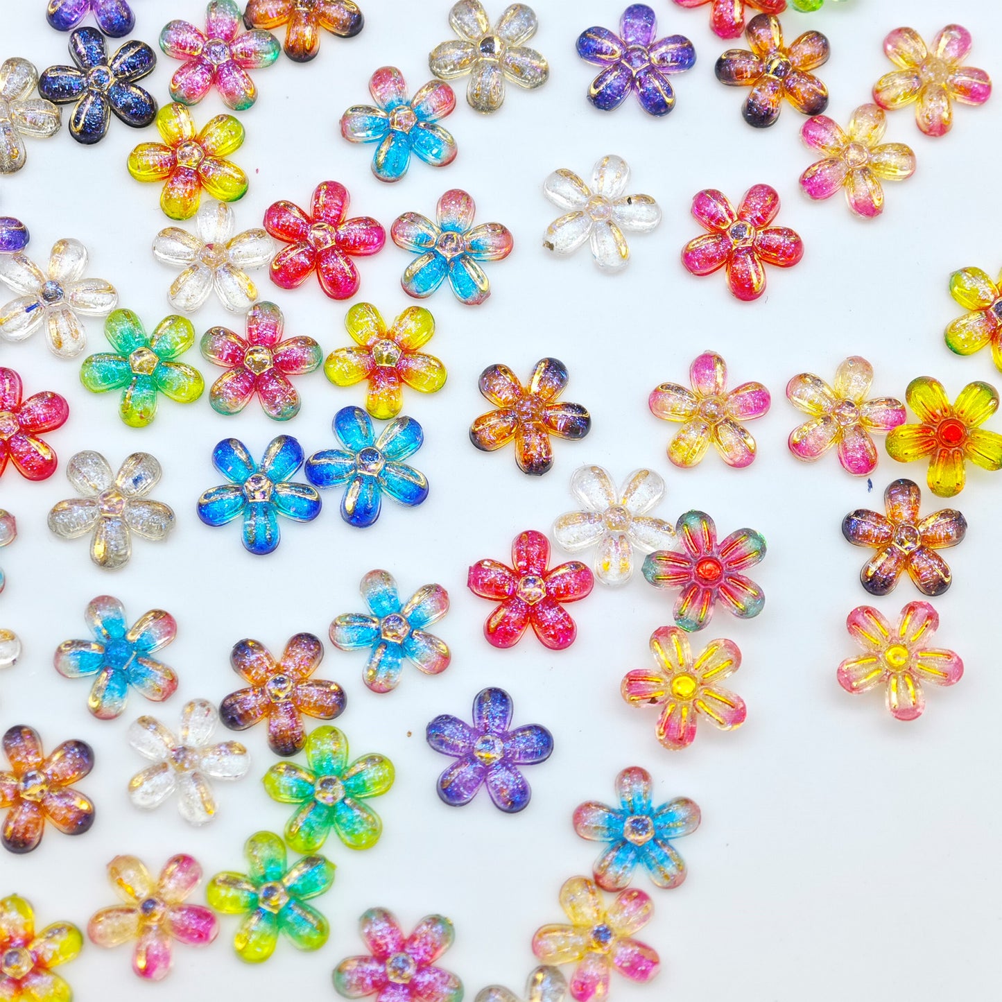 Iridescent Flower Resin Charms – Holographic Gradient 5-Petal Gold Foil Flatback for Nailart Earrings Junkcases Beadablepen Crafts