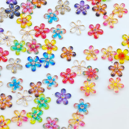 Iridescent Flower Resin Charms – Holographic Gradient 5-Petal Gold Foil Flatback for Nailart Earrings Junkcases Beadablepen Crafts