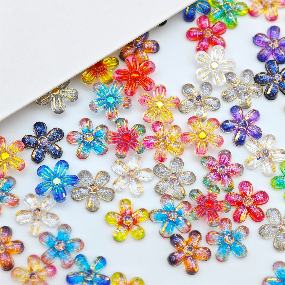Iridescent Flower Resin Charms – Holographic Gradient 5-Petal Gold Foil Flatback for Nailart Earrings Junkcases Beadablepen Crafts