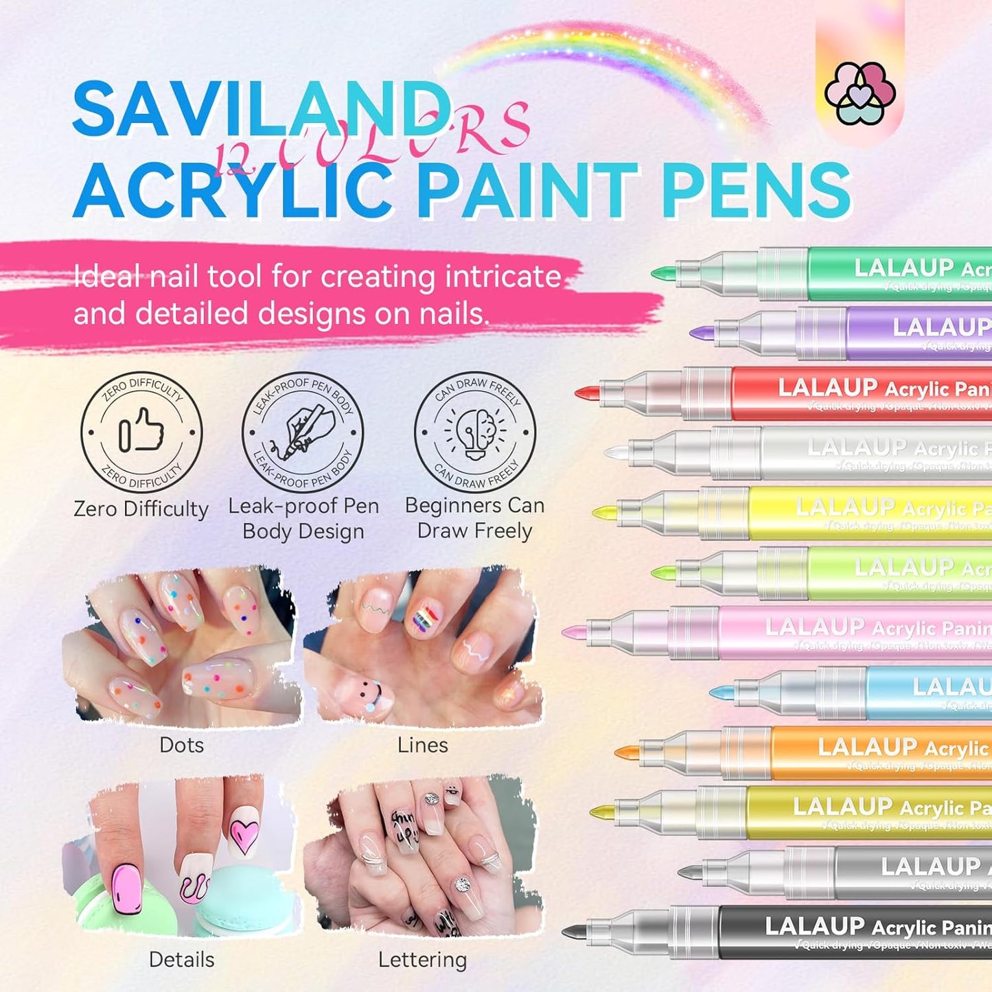 Acrylic Nail Art Pens Set -12pcs 3D Nail Polish Pens Graffiti Nail Dotting Tools Acrylic Paint Pens Drawing Painting Point Liner Pen for Nails Art Design Manicure Nail Pens for Home & Salon DIY