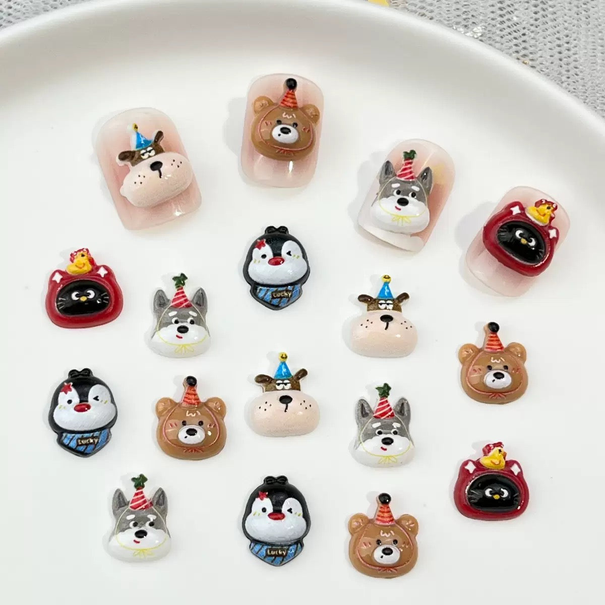 Party Animals 3D Nail Charms – Cute Bear Dog Penguin Resin Flatback Charms with Party Hats for Nail Art & DIY Crafts, Pens, Beads, Phonecases, Earrings Design