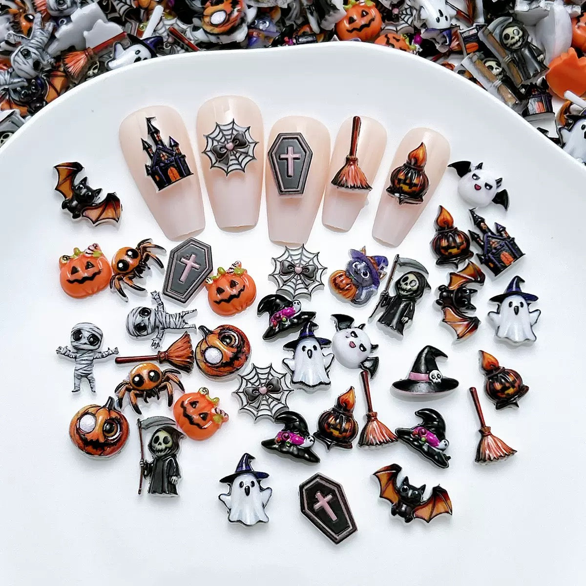 Cute Halloween Nail Charms – Ghost Pumpkin Bat Candy Corn Resin Mini DIY Kawaii Nail Art Accessories 3D Flatback Charms Set