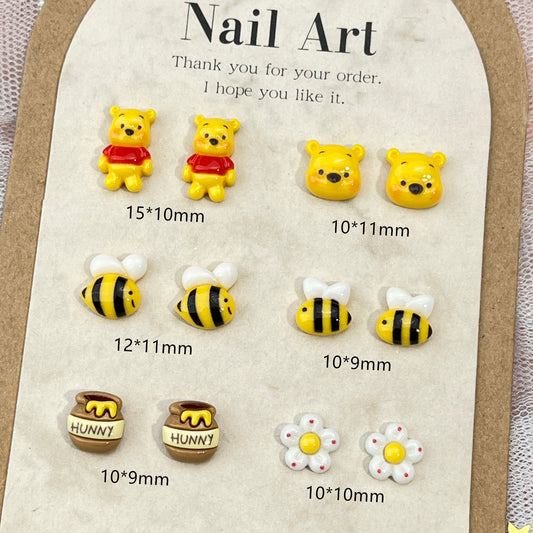 Winnie Bear Cartoon Nail Art Decorations Cute 3D Bee and Flower Resin Rhinestones DIY Press-On Nail Accessories