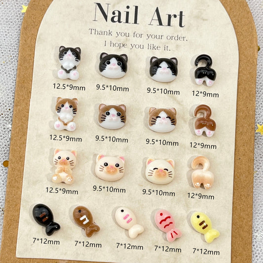 Popular Cat Cartoon Nail Art Decorations Cute 3D Milk Coffee Cat Head and Fish Resin DIY Press-On Nail Accessories