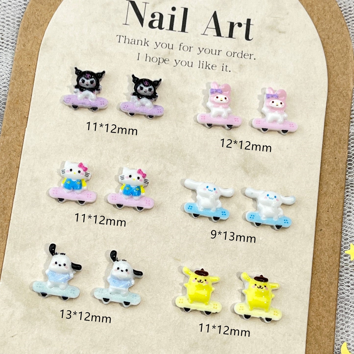 Sanrio Cartoon Nail Art Decorations Cute 3D Kuromi and Hello Kitty Skateboard Resin DIY Press-On Nail Accessories