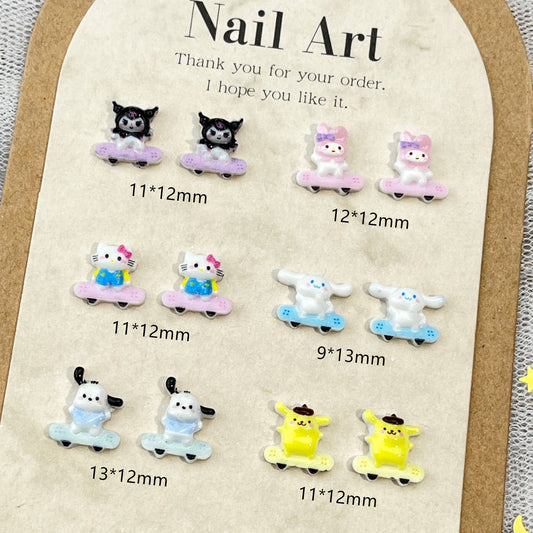 Sanrio Cartoon Nail Art Decorations Cute 3D Kuromi and Hello Kitty Skateboard Resin DIY Press-On Nail Accessories