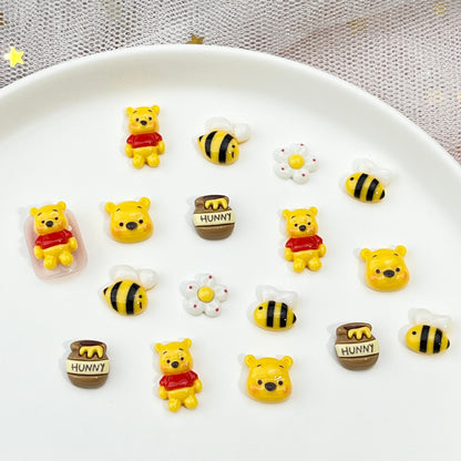 Winnie Bear Cartoon Nail Art Decorations Cute 3D Bee and Flower Resin Rhinestones DIY Press-On Nail Accessories