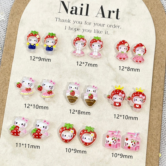 Strawberry Hello Kitty Cartoon Nail Art Decorations Cute 3D Translucent Glitter Skirt KT Cat DIY Press-On Nail Accessories