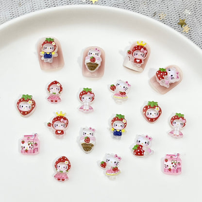 Strawberry Hello Kitty Cartoon Nail Art Decorations Cute 3D Translucent Glitter Skirt KT Cat DIY Press-On Nail Accessories