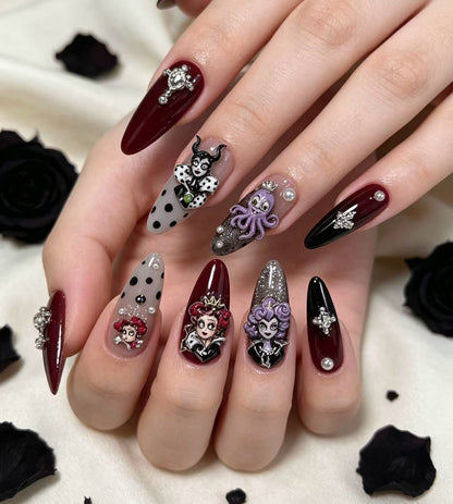 Dark Fairy Tale Villain Nail Charms – Evil Queen Maleficent Ursula 3D Resin DIY Nail Art Kit for Halloween Gothic Look